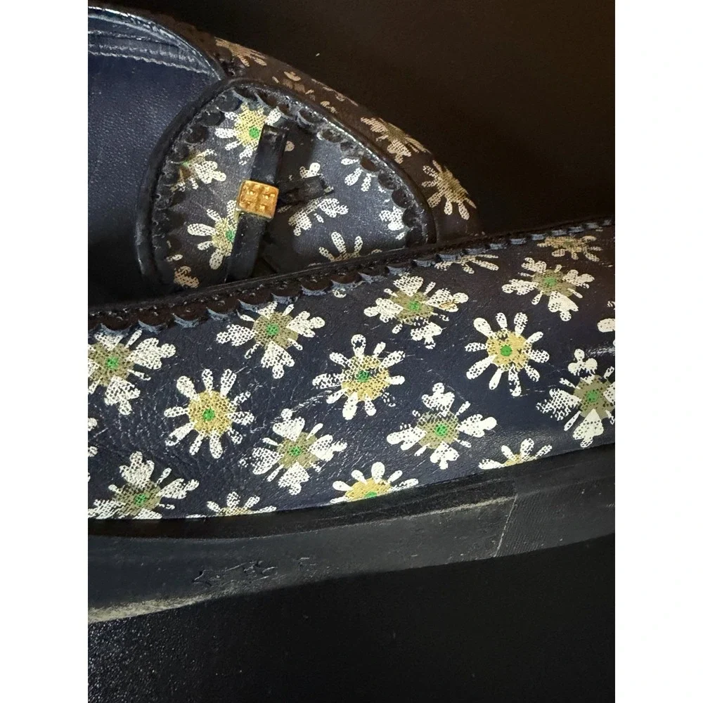 Tory Burch Reva Floral Print Ballet Flats Daisy Leather Women's Size 7 Logo